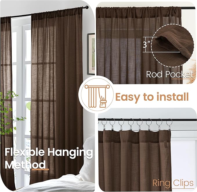 BGment Brown Linen Curtains 72 Inches Long for Living Room, Window Drapes Rustic Textured Semi Sheer for Farmhouse Beroom Dining Room Decor Rod Pocket Lightweight, 2 Panels Set, Each 52 Inch Wide