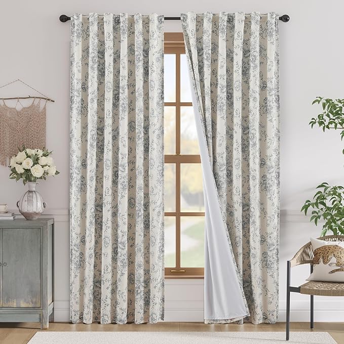 jinchan Blackout Floral Curtains for Living Room Bedroom Linen Blend Curtain Farmhouse Grey Printed with Lined Back Tab Rod Pocket Drapes Window Treatments 2 Panels 90 Inch Gray