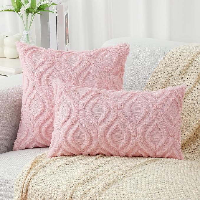 decorUhome Summer Throw Pillow Covers 12x20 Inch Set of 2, Soft Plush Faux Wool Light Pink Solid Couch Pillow Covers, Accent Farmhouse Neutral Rectangle Pillow Cases for Sofa Bed Living Room
