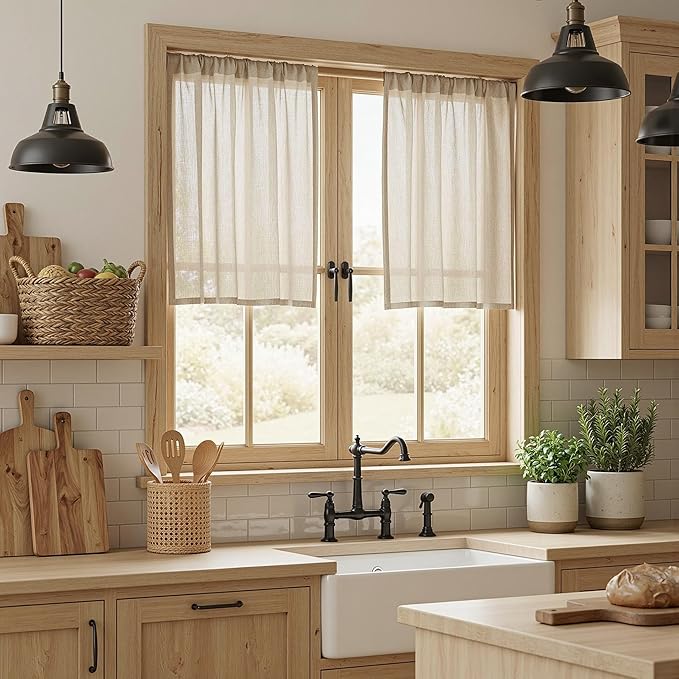 MYSKY HOME 30 Inch Length Oatmeal Tiers Curtains for Cafe, Semi Sheer Light Filtering Window Curtain Panels Rod Pocket Short Country Decor Drapes for Bathroom/Basement, Taupe, 2 Panels, 34 x 30 Inch