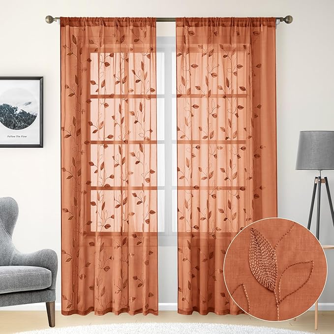 HOMEIDEAS Fall Burnt Orange Sheer Curtains 96 Inches Long 2 Panels Embroidered Floral Pattern Semi Sheer Window Curtains for Bedroom Living Room