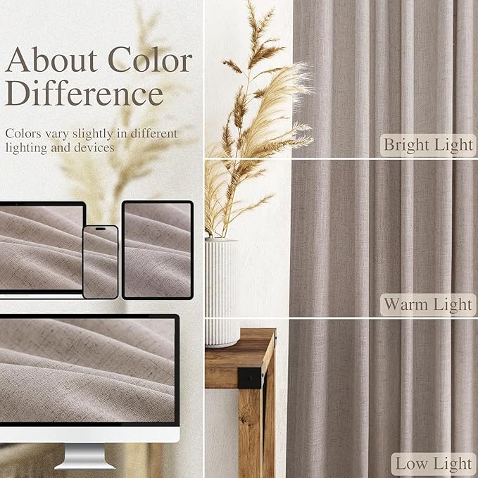 Nanspring Brownish Grey Linen Curtains for Living Room 100 Inches Long Back Tab Light Filtering Semi Sheer Curtain Modern Farmhouse Decor for Bedroom Office Luxury Textured Drapes 52x100, 2 Panels