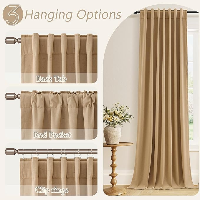 Guken Camel Brown 100% Blackout Linen Curtains 90 Inch Length 2 Panels Set for Living Room Bedroom Back Tab/Rod Pocket Thermal Insulated Black Out Drapes Room Darkening Window Curtains 90 Inches Long