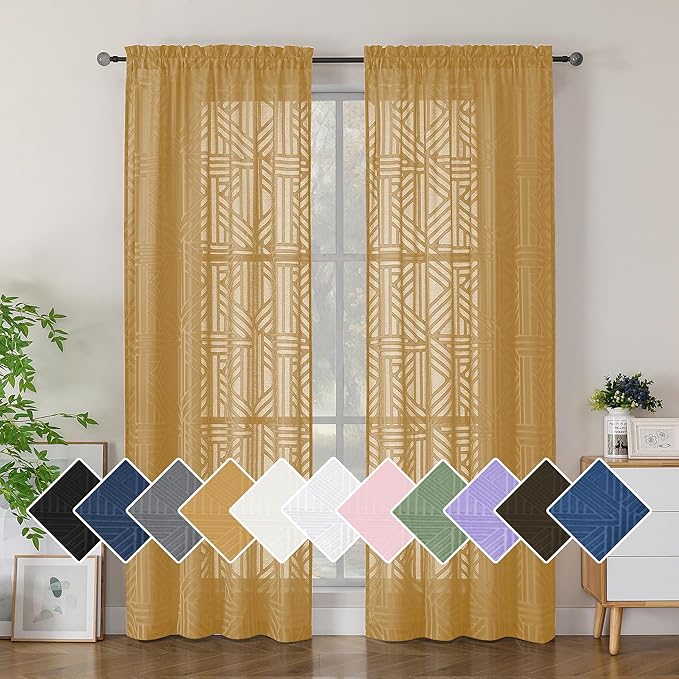 Simplebrand Gold Sheer Curtains 72 Inch Length 2 Panels for Living Room, Light Filtering Geometric Jacquard Clip Textured Rod Pocket Semi Sheer Curtains for Front Back Patio Glass Door，42x72 inch