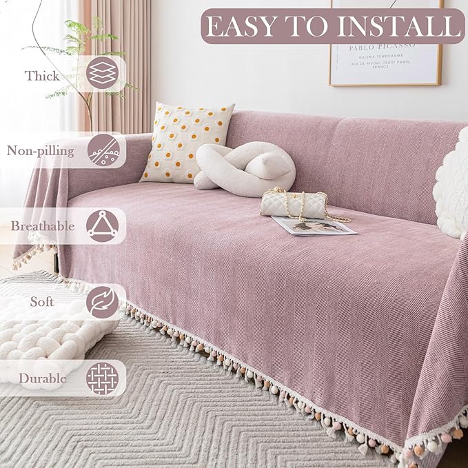HANDONTIME Soild Couch Covers for Dogs Pink-Purple Sofa Covers Boho Cover for Sofa 3 Seats Chenille Sofa Throw Cover Mauve Sofa Covers for 3 Cushion Couch Tassel, Washable, Pet Friendly, 71" X118"