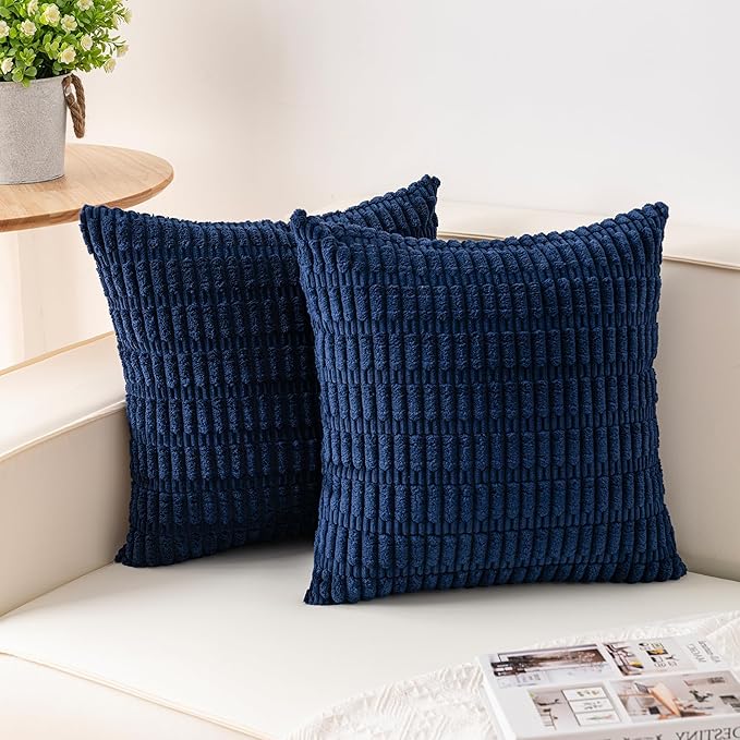 Pack of 2 Corduroy Decorative Throw Pillow Covers 24x24 Inch Soft Striped Pillow Covers Modern Farmhouse Home Decor for Sofa Living Room Couch Bed（Blue）
