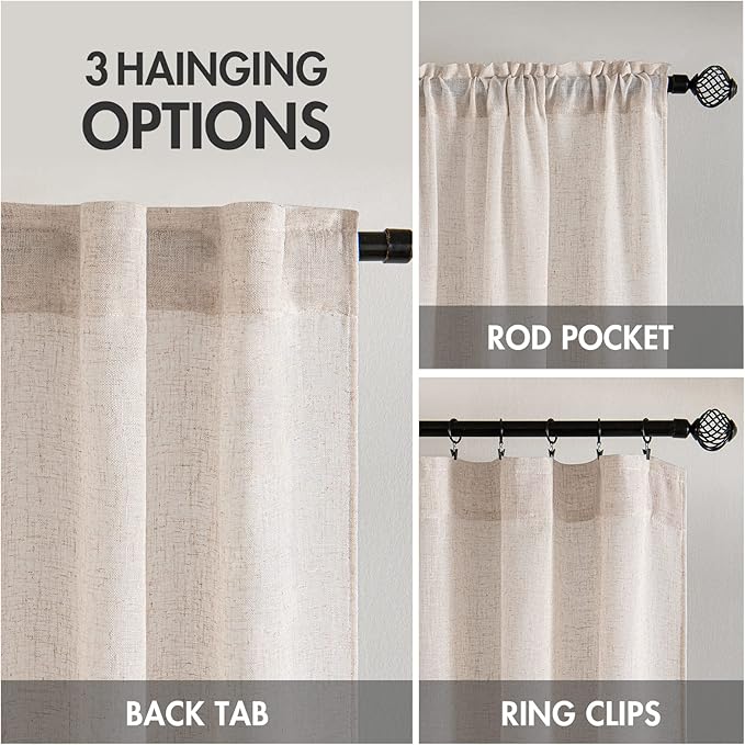 MIULEE Natural White Linen Curtains 95 Inch Length 2 Panels for Bedroom Living Room, Soft Thick Linen Textured Window Drapes Semi Sheer Light Filtering Back Tab Rod Pocket Burlap Look Decor