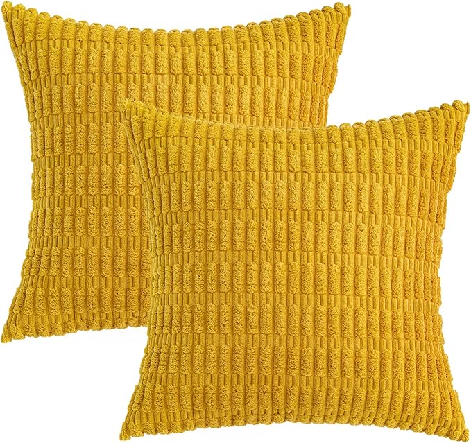 MIULEE Pack of 2 Corduroy Decorative Euro Sham Throw Pillow Covers 26x26 Inch Soft Boho Striped Pillow Covers Modern Farmhouse Home Decor for Summer Sofa Living Room Couch Bed Mustard Yellow