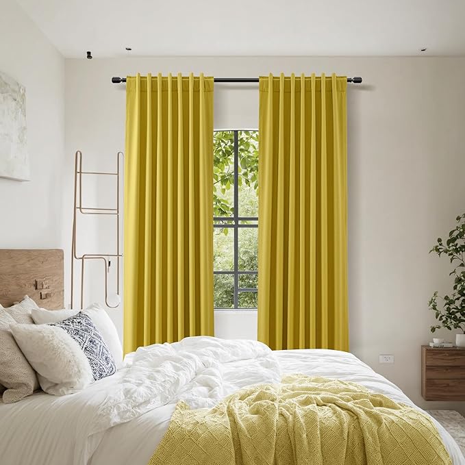 Guken 100% Blackout Curtains 96 Inch Length 2 Panels Set for Living Room Bedroom Back Tab Thermal Insulated Black Out Linen Drapes Room Darkening Celery Yellow,52x96