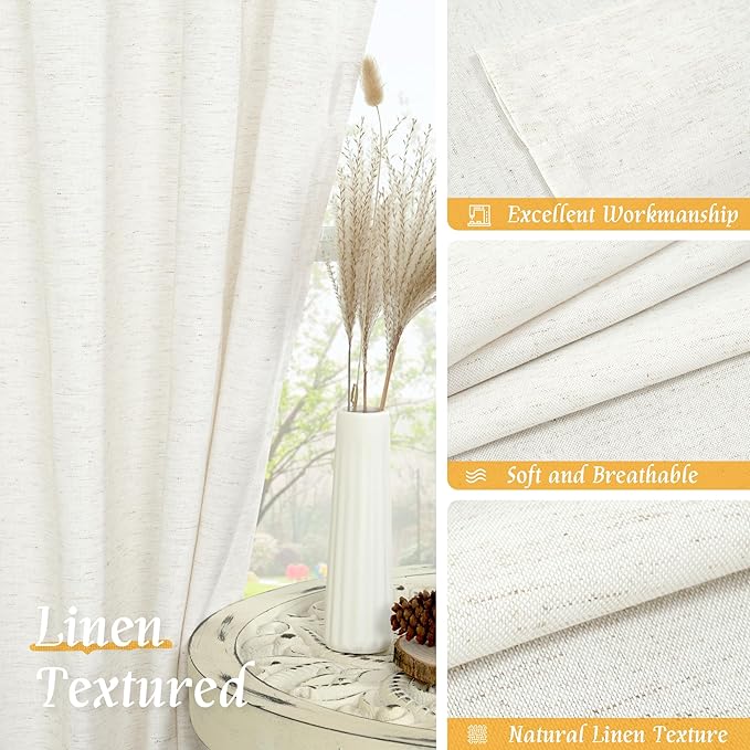 LAMIT Light Filtering Linen Curtains 54 Inches Long for Bedroom, Natural Ivory Soft Faux Linen Textured Panels Rod Pocket Neutral Drapes for Window/Loft Room, 42 x 54 Inch, 2 Panels