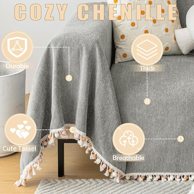 HANDONTIME Couch Slipcovers for Sofas Dark Grey Couch Cover Sofa Cover for Dogs Boho Pet Couch Protector with Tassel Chenille Herringbone Couch Cover for 2 3 Seat Washable Pet Friendly, 91" X134"