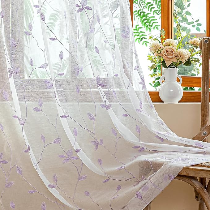 AmHoo 2 Panels Embroidered Leaf Pattern Semi Sheer Curtains Foliage Floral Voile Window Draperies Treatment for Bedroom Living Room Rod Pocket White Lavender Purple 53 x 63 Inch
