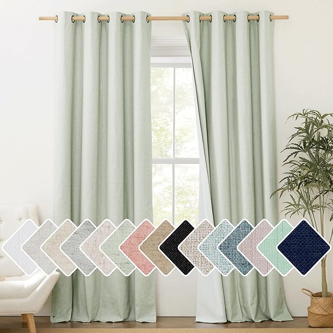 NICETOWN Cold Reducing Full Blackout Sage Green Linen Curtains 108 inches Length with Thermal Insulated Liners, 2 Panels, 52 inches W, Farmhouse Style Keep Warm Large Window Draperies for Hall