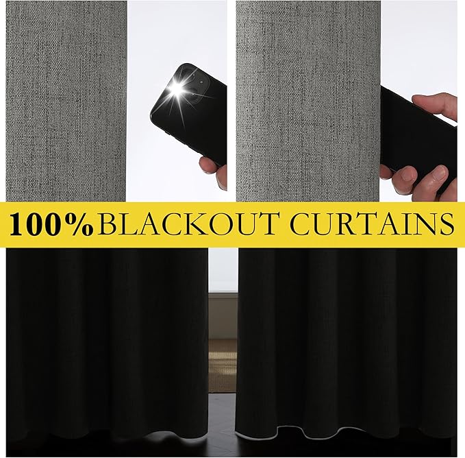 NICETOWN Grizzle Gray Vintage Linen 100% Blackout Curtains for Living Room, Thermal Insulated Curtains 84“ Long, Noise Reducing Window Treatment Drapes for Hall Room, 52" Wide Per Panel, Set of 2
