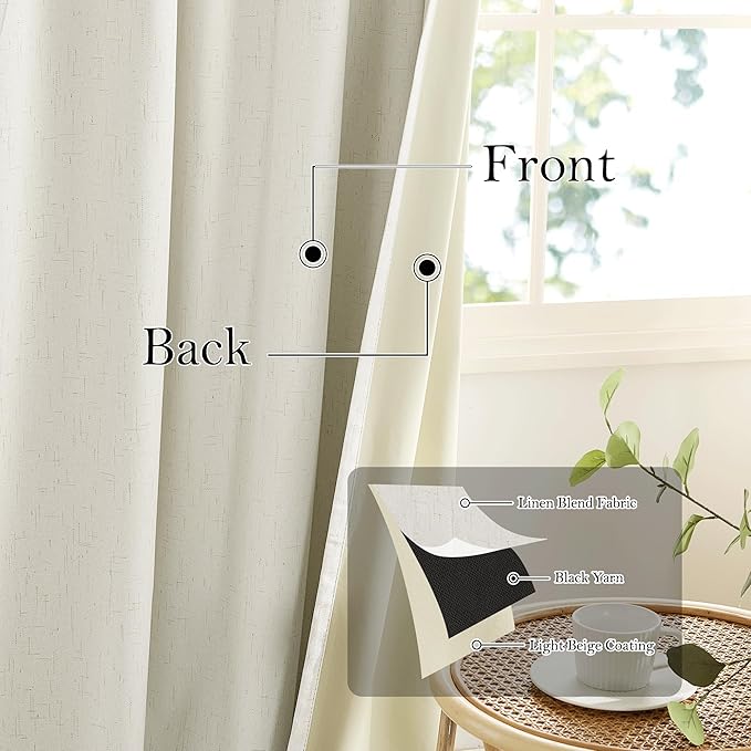 RYB HOME Cream White Linen Blackout Curtains, 100% Blackout Thermal Insulated Boho Farmhouse Window Curtain Panels for Living Room, Back Tab & Rod Pocket, 52" W x 90" L, 2 Panels Set