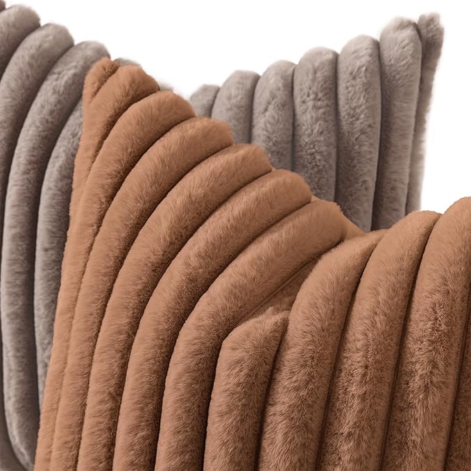 decorUhome Cozy Faux Fur Throw Pillow Covers 12x20 Set of 2 Decorative Soft Plush Striped Lumbar Modern Farmhouse Boho Couch Pillow Cases with Velvet Back for Sofa Bed Living Room, Brown