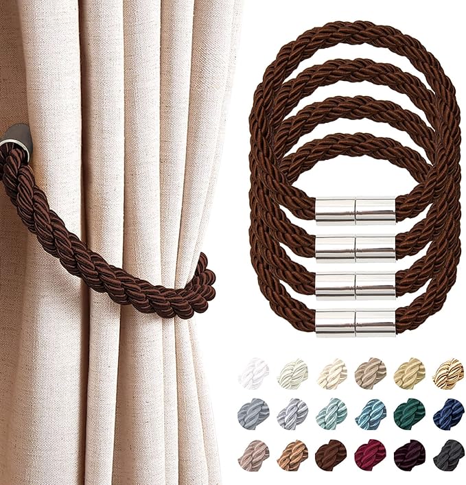 NICEEC 4 Pack Strong Magnetic Curtain Tiebacks Modern Simple Style Drape Tie Backs Convenient Decorative Weave Rope Curtain Holdbacks for Thin or Thick Home & Office Window Draperies (Deep Coffee)