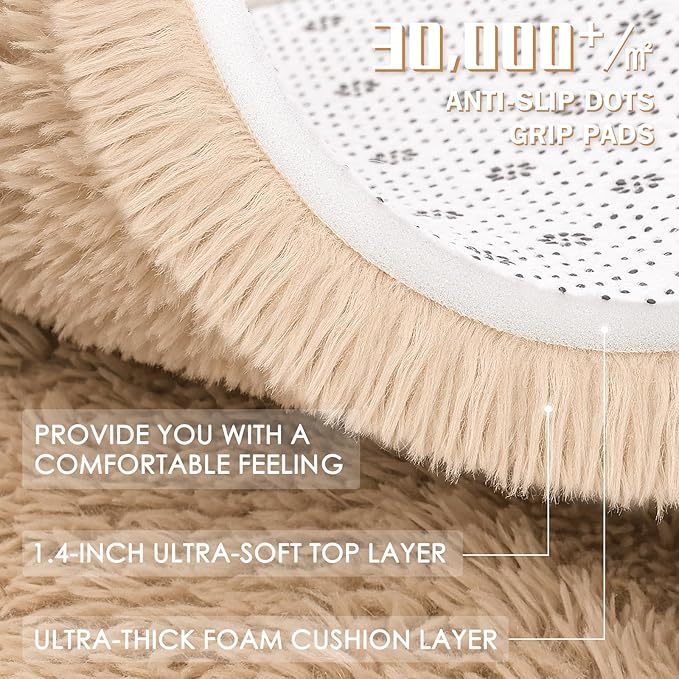 OLANLY Beige Round Rugs for Bedroom - Machine Washable, 9 ft Circle Area Rugs for Living Room, Soft and Fluffy Shaggy Carpet for Teen Girls and Boys, Nursery Rooms, Dorms, Home Decor Aesthetic