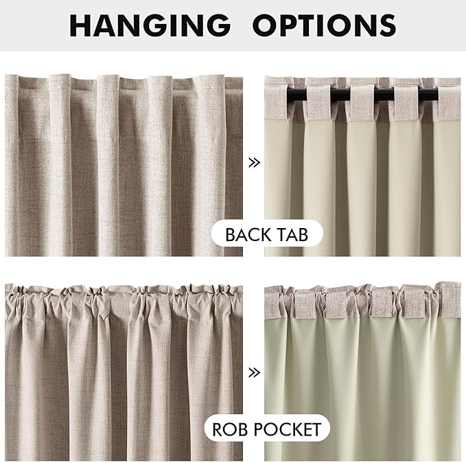 MIULEE 100% Blackout Linen Curtains for Bedroom, Khaki Solid Luxury Decor Thermal Insulation Room Darkening Drapes for Living Room Nursery Back Tab Rod Pocket 42 x 63 Inches, 2 Panels