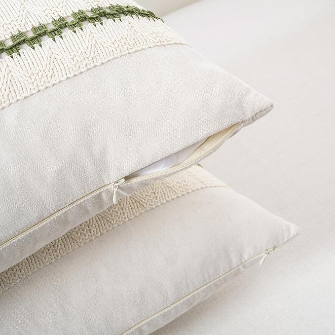 Fancy Homi Set of 1 Boho Moss Green Lumbar Decorative Throw Pillow Cover 12x20 Inch for Couch Bed Sofa Chair, Modern Organic Farmhouse Home Decor, Soft Cotton Cute Accent Rectangle Cushion Case