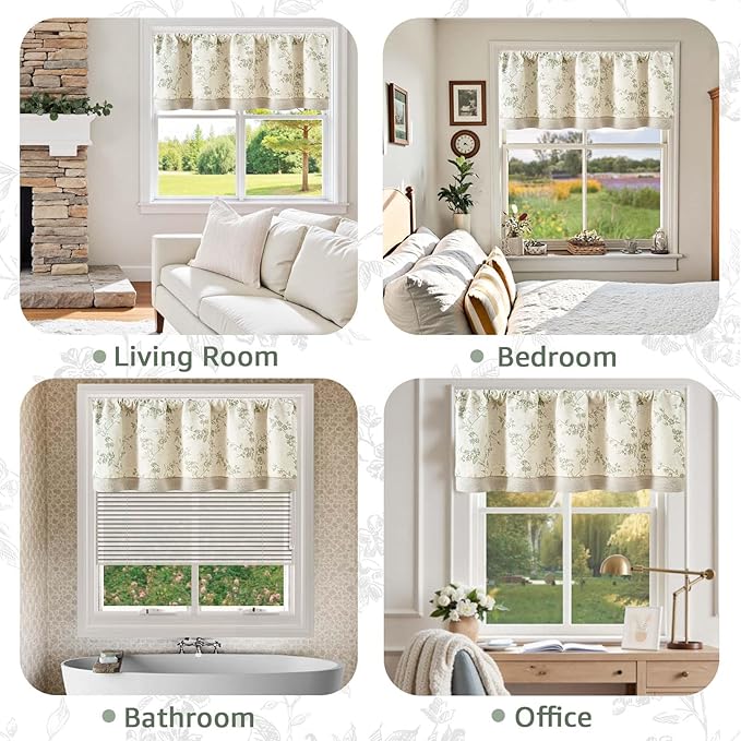 jinchan Linen Valance Curtains for Windows 16 Inch Christmas Decorations Floral Double Layer Kitchen Valance Living Room Darkening Cottagecore Farmhouse Flower Window Treatment 1 Panel Green on Linen