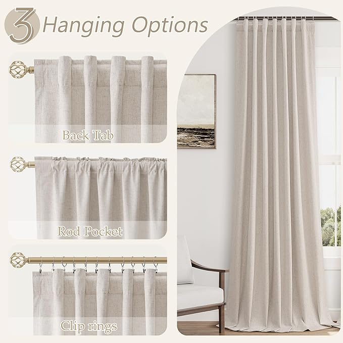 Guken 100% Blackout Curtains 120 Inch Length 2 Panels Set for Living Room Bedroom Back Tab Thermal Insulated Black Out Linen Drapes Room Darkening Window Curtains 120 Inches Long, Sand Beige