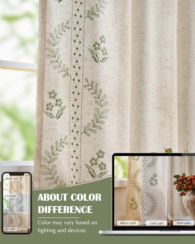 jinchan Belrose Lined Linen Blend Curtains Floral Curtains for Bedroom 96 Inch Length Sage Green Embroidered Drapes Rod Pocket Farmhouse Flower Drapes for Living Room Window Treatments Set 2 Panels