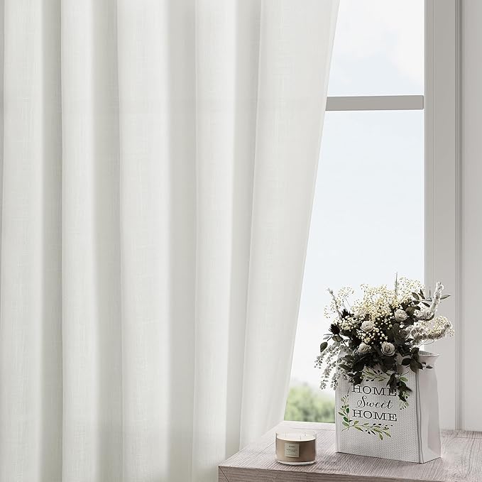 Extra Long Off White Curtains 105 inches Long 2 Panels Set for Bedroom Back Tab Opaque Draperies Urban Farmhouse Traditional Semi Sheer White Linen Curtains for Large Bay Window Glass Sliding Door