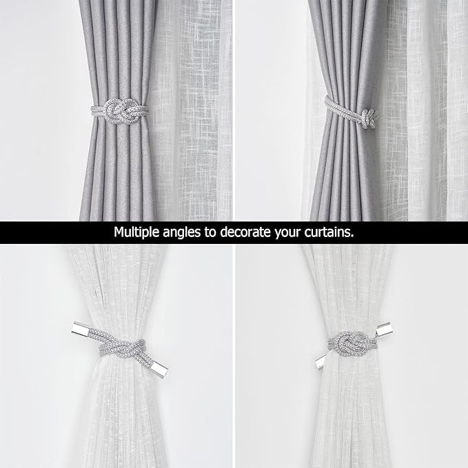 NICEEC 2 Pack Mini Magnetic Curtain Tiebacks Nordic Simple Style Drape Tie Backs Elegant Hand Weave Rope Knot Decorative Curtain Holdbacks for Home & Office Thin Window Drapery (Silver Grey)