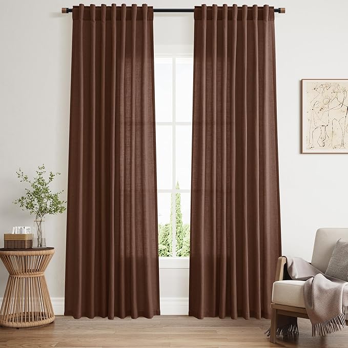 Nanspring Mocha Brown Curtains 84 Inches Long for Living Room Back Tab Linen Luxury Light Filtering Privacy Semi Sheer Curtain Farmhouse Decor Boho Textured Drapes for Bedroom 52x84 Inch,2 Panels