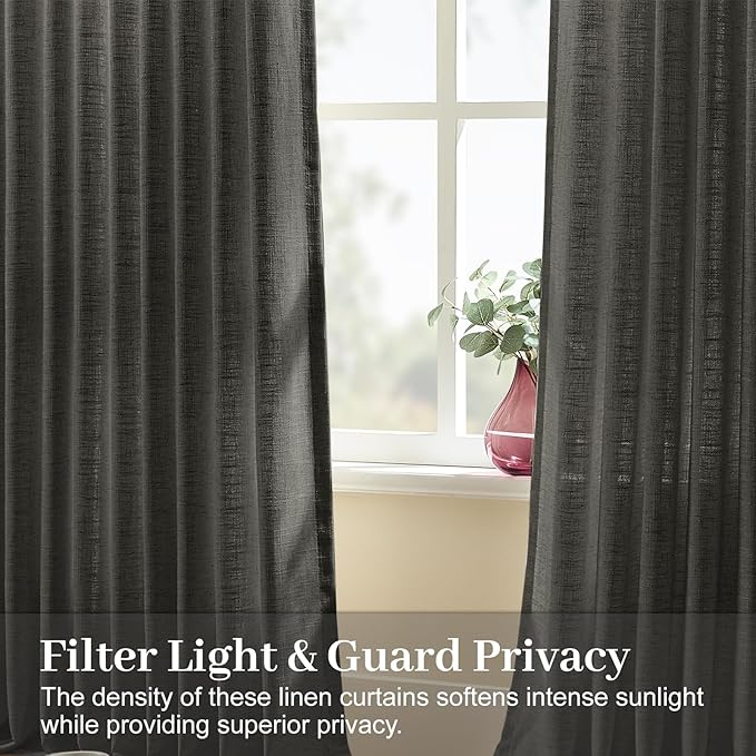 96 Inch Linen Curtains for Living Room, Pinch Pleated Semi Sheer Curtain Rustic Textured Light Filtering Back Tab Drapes with Hooks Rings for Bedroom Farmhouse, Charcoal Grey, W40xL96, 2 Panels