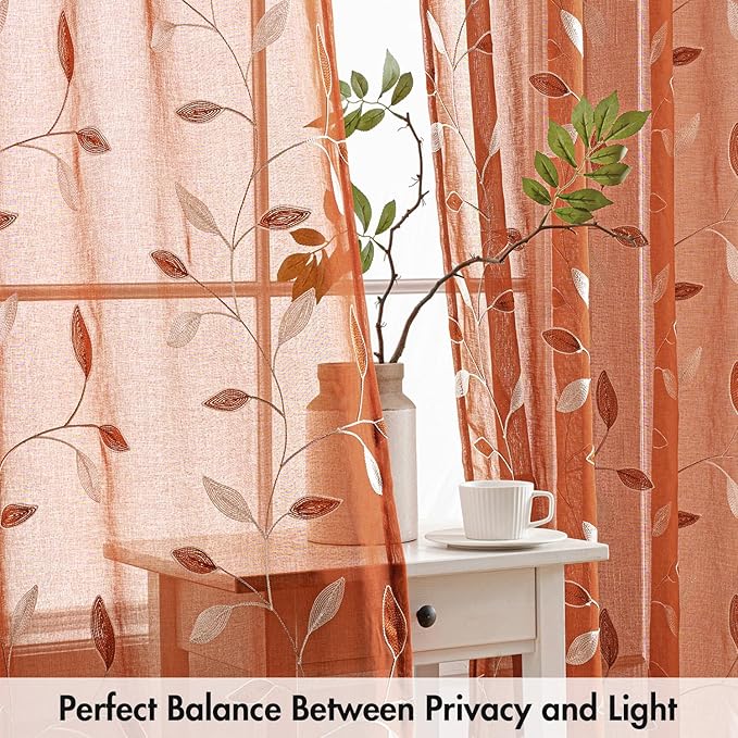 MIULEE Burnt Orange Sheer Curtains 2 Panels Embroidered Leaf Patterned Rod Pocket Floral Semi Faux Linen Short Fall Window Curtains Drapes Set for Kitchen Bathroom Cafe, 30x30 Inches Length