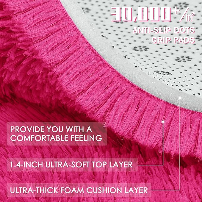 OLANLY Hot Pink Round Rugs for Bedroom - Machine Washable, 7 ft Circle Area Rugs for Living Room, Soft and Fluffy Shaggy Carpet for Teen Girls and Boys, Nursery Rooms, Dorms, Home Decor Aesthetic