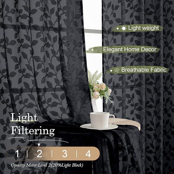 Chyhomenyc Black Short Curtains 45 Inch Length 2 Panels, Light Filtering Leaf Textured Window Curtain Panels for Bedroom Living Room, Elegant Rod Pocket Farmhouse Curtains, 30" Wx45 L, 2 PCS