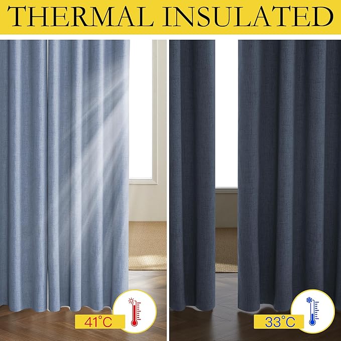 NICETOWN Stone Blue Vintage Linen 100% Blackout Curtains for Living Room, Thermal Insulated Curtains 120" Long, Noise Reducing Window Treatment Drapes for Hall Room, 52" Wide Per Panel, Set of 2