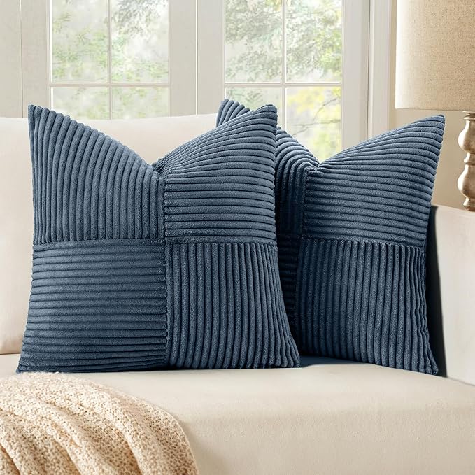 MIULEE Blue Decorative Throw Pillow Covers 18x18 Inch for Couch Bed Sofa Pack of 2 Boho Farmhouse Throw Pillows Soft Cross Corduroy Patchwork Textured Cushion Cases