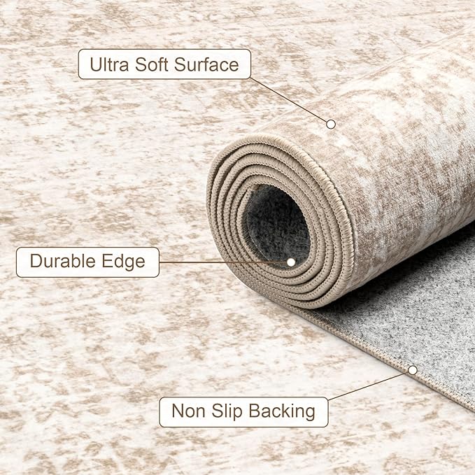 8x10 Area Rugs for Living Room: Washable Rug Soft Vintage Boho Carpet Indoor Floor Non-Slip Stain Resistant Floral Large Carpets for Bedroom Dining Room Farmhouse Nursery Home Office Beige