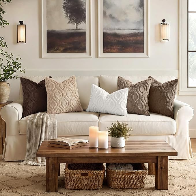 decorUhome Throw Pillow Covers 22x22 Inch Set of 2, Soft Plush Faux Wool Brown Solid Couch Pillow Covers, Accent Euro Sham Farmhouse Neutral Square Pillow Cases for Sofa Bed Living Room