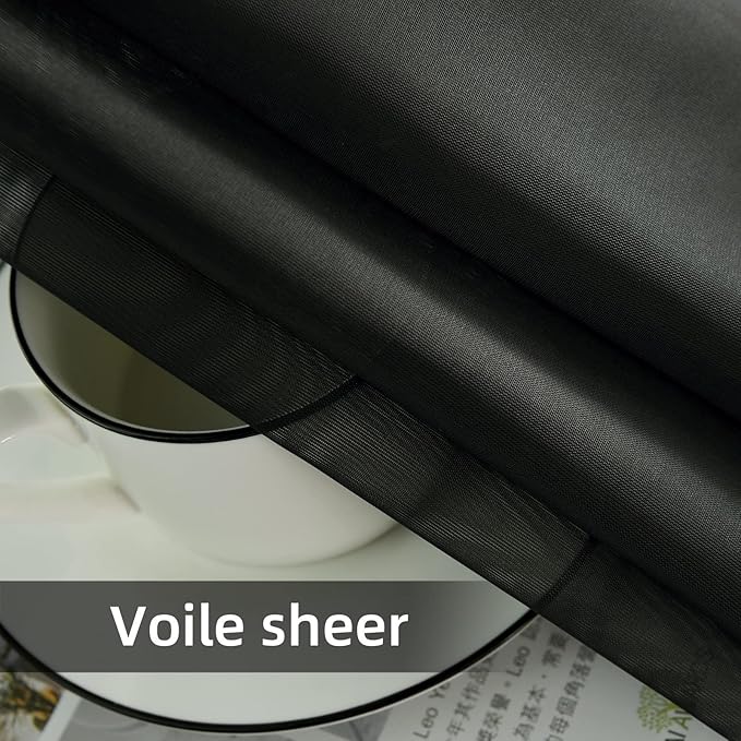 youleyar Solid Sheer Rod Pocket Curtain Voile Draperies 2 Panels White Beige Black Grey Coffee 38 Inch Width 84 Inch Long 1 Pair for Kitchen Bedroom Children Living Room Yard(Black,38Wｘ84L)