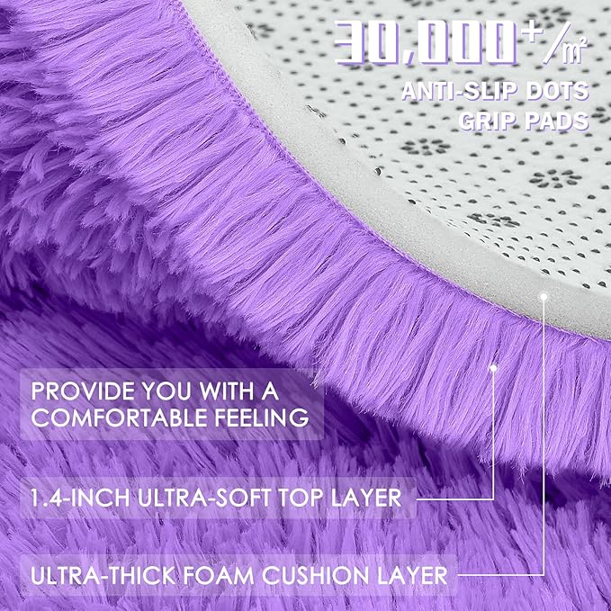 OLANLY Purple Round Rugs for Bedroom - Machine Washable, 7 ft Circle Area Rugs for Living Room, Soft and Fluffy Shaggy Carpet for Teen Girls and Boys, Nursery Rooms, Dorms, Home Decor Aesthetic
