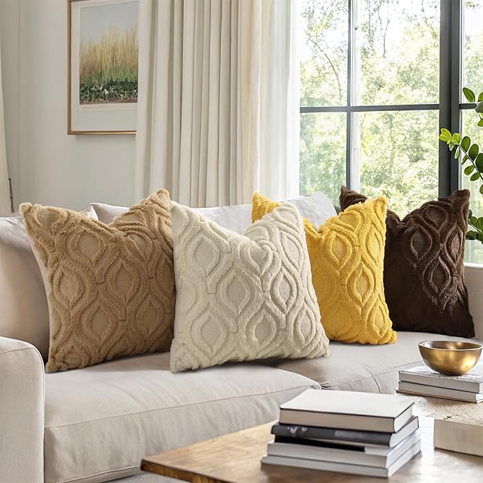 decorUhome Throw Pillow Covers 16x16 Inch Set of 2, Soft Plush Faux Wool Khaki Solid Couch Pillow Covers, Accent Farmhouse Neutral Square Pillow Cases for Sofa Bed Living Room