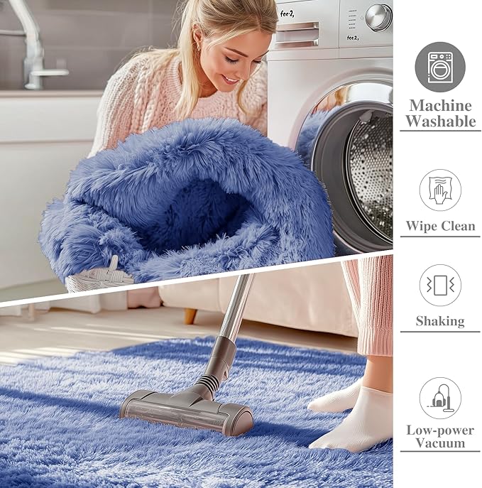 OLANLY Area Rugs for Living Room Bedroom, Machine Washable 4x5.9 ft Soft Fluffy Shaggy Bedside Rug, Indoor Floor Carpet for Kids Girls and Boys, Dorms, Nursery Rooms, Home Decor Aesthetic, Denim Blue