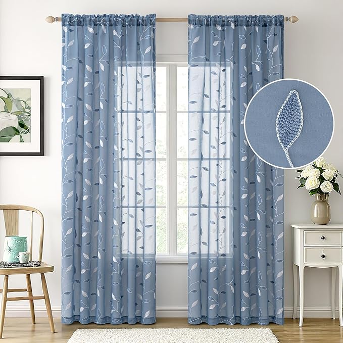 MIULEE Dusty Blue Sheer Curtains 2 Panels Embroidered Leaf Patterned Rod Pocket Floral Semi Sheer Faux Linen Window Curtains Drapes Set for Living Room Bedroom Dining Room, 52x84 Inches Long