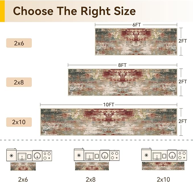 Washable Area Rugs 2'x8' Non-Slip Modern Abstract Soft for Living Room Entryway Bedroom Nursery, Print Pattern, Brown Rust Red Green Blue Multi