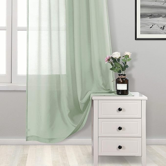 DWCN Bean Green Sheer Curtains for Kitchen Windows - Rod Pocket Semi Transparent Voile Tier Curtains for Bedroom, Living Room, Farmhouse, 36 x 36 inches Long, Set of 2 Panels