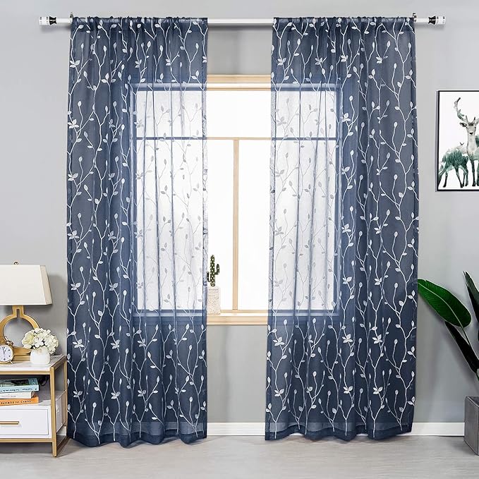 AmHoo 2 Panels Embroidered Leaf Pattern Semi Sheer Curtains Foliage Floral Voile Window Draperies Treatment for Bedroom Living Room Rod Pocket Navy Blue 53 x 95 Inch