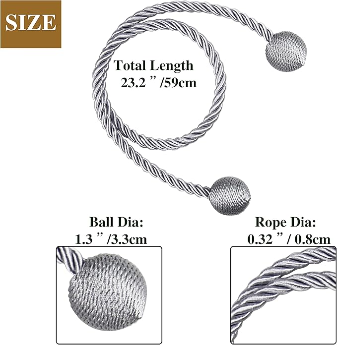 Curtain Tiebacks Outdoor Elegant Decorative Tie Backs Modern Rope Tiebacks for Drapes Window Curtain Holdbacks for Draperies (Grey, 2)