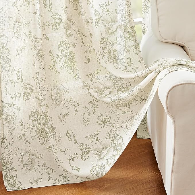 jinchan Linen Blend Floral Curtains for Living Room 84 Inch Length Farmhouse Printed Curtain Rod Pocket Back Tab Sage Green Peony Flower Patterned Drapes Bedroom Curtains Set 2 Panels