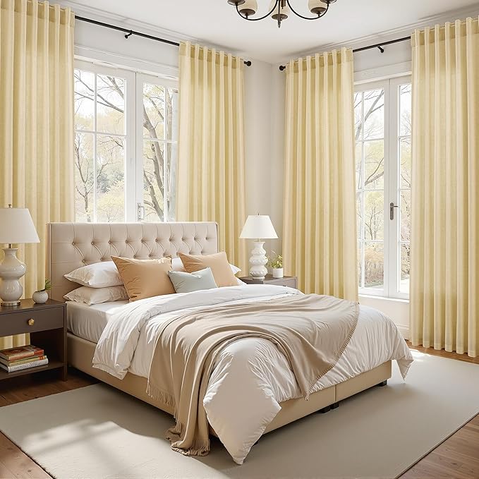Nanspring Cream Yellow Linen Curtains 84 Inch Length for Living Room Modern Farmhouse Light Filtering Sheer Curtain Back Tab and Rod Pocket Privacy Drapes for Bedroom Office 52x84, 2 Panels