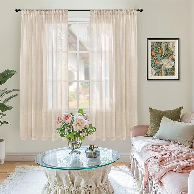 BGment Natural Linen Curtains 63 Inches Long for Bedroom Windows, Sheer Drapes Lightweight Rustic Country Textured for Farmhouse Living Room Decor Rod Pocket, 2 Panels Set, Each 42 Inch Wide